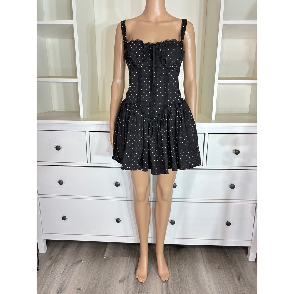 Rich & Famous Polka Dot Mini Dress Womens Medium Black Corset Lace Up Back NWT